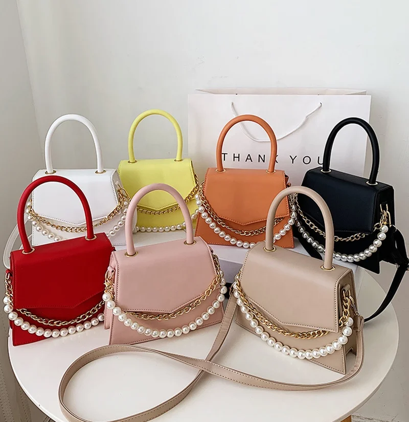 

New Fashion PU Leather Women Pearl Handle Shoulder Bags Trapezoid Small Purse Bag