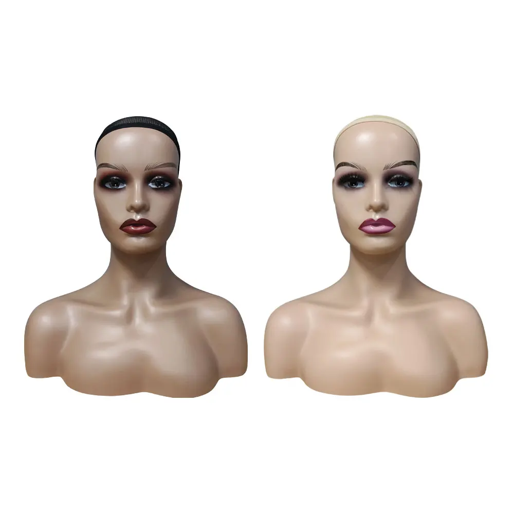 

African America Pretty Wig Earring Hat Display Lifelike Makeup Face Female Dark Skin Mannequin Head, White and brown