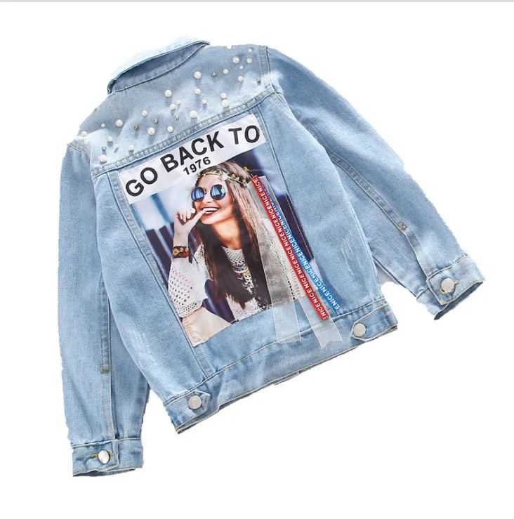 

2020 Fashion Kid Girl Jean Coat Cute Printed Pear Jean Jacket for 4-9T, Blue