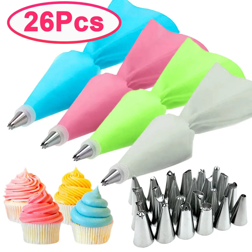 

8/26pcs/set Silicone Pastry Bag Tips Kitchen Cake Icing Piping Cream Cake Decorating Tools Nozzle Set, As photo