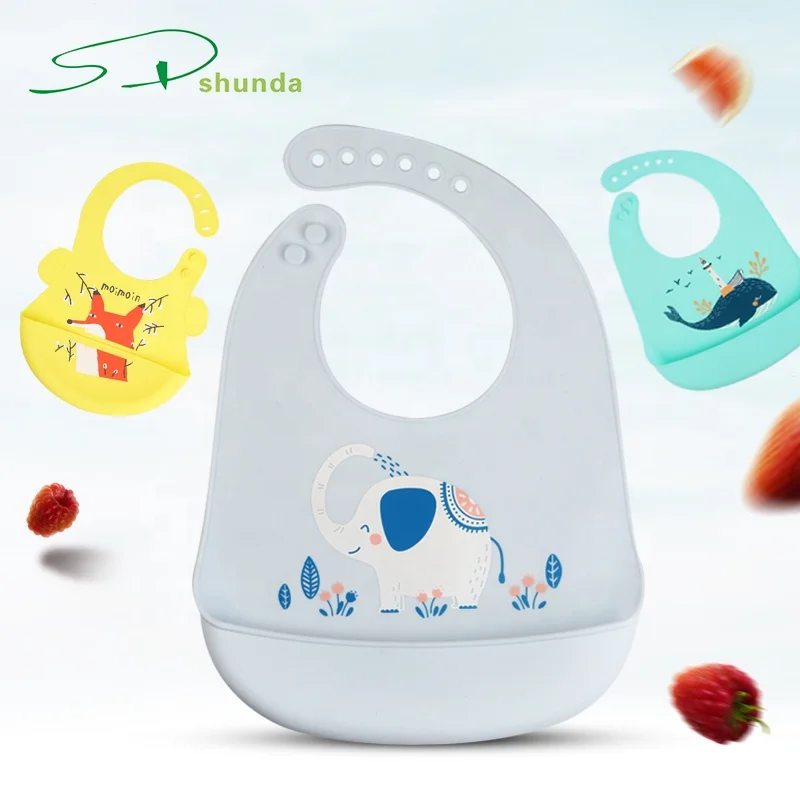 2019 Amazon New product Adjustable Customized Logo Elephant Animal Pattern Easily Wipes Clean Food Feeding Silicone Baby Bib