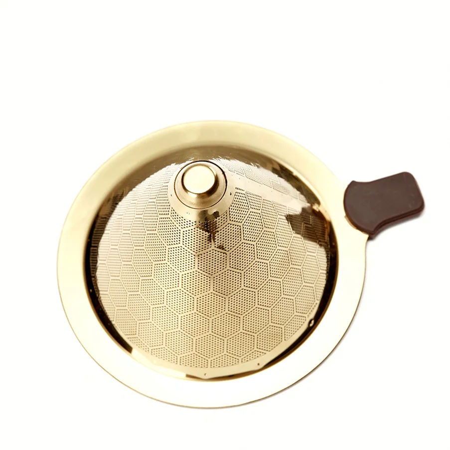 

High Quality Drip Bag Coffee Filter Japan With Wood Handle Filter Cup Coffee, Stainless steel color and golden
