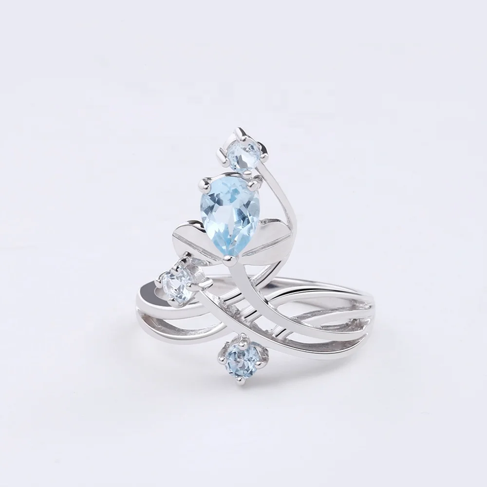 

Abiding Natural Sky Blue Topaz Gemstone Flower Ring Fine Gifts Solid 925 Sterling Silver Rings For Women Wedding