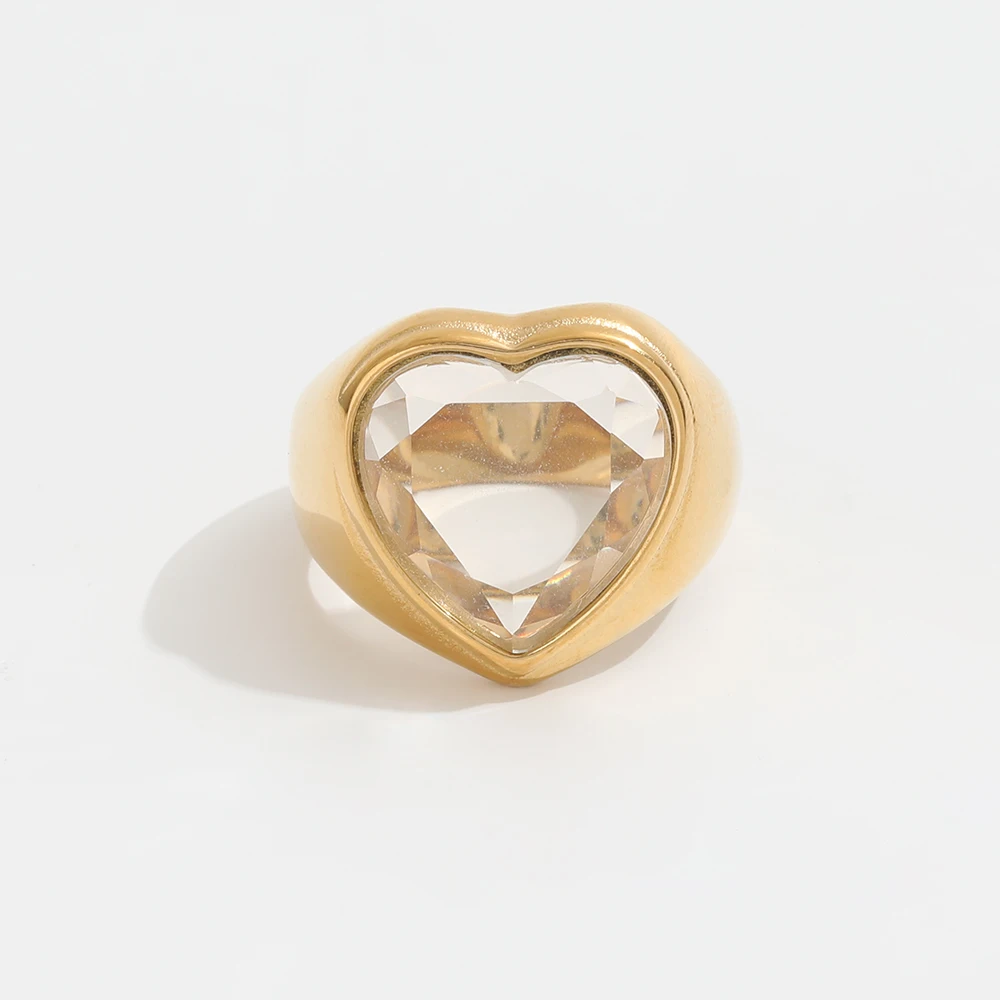 

High End 18K Plain Gold Zirconia Heart Statement Rings Stainless Steel Trendy Simple Gold Plated Jewelry