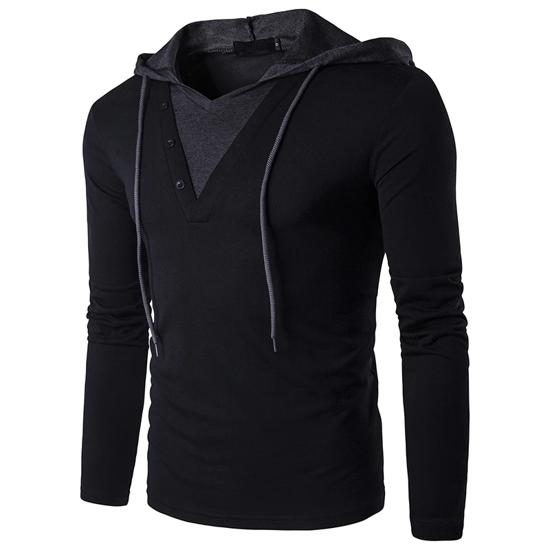 

New men's spring youth fashion trend simple personality long sleeve color matching hooded T-shirt