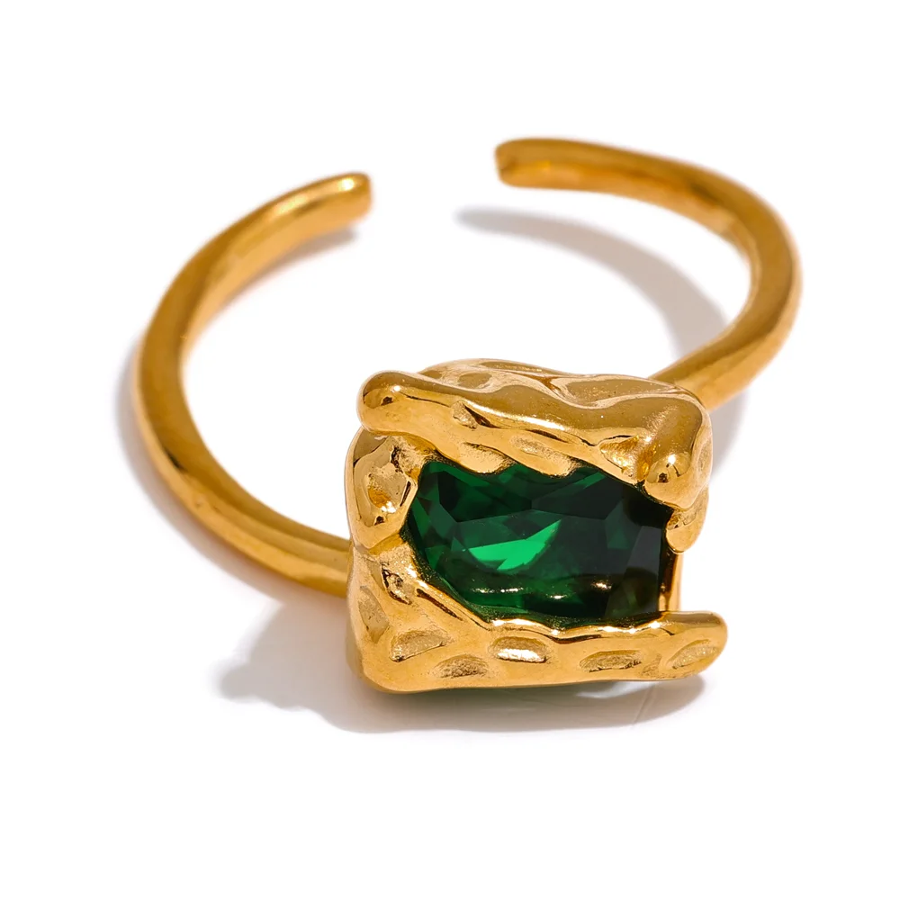 

JINYOU 2442 Black Green Cubic Zirconia Stainless Steel Square Open Ring 18K Gold High-Grade Creative Waterproof Jewelry Women