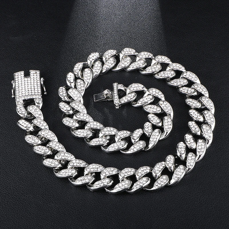 

Free Shipping 19mm Cuban Chain Miami Iced Out Necklace Silver Gold Hip Hop Jewelry Necklace For Men, As the picture shown