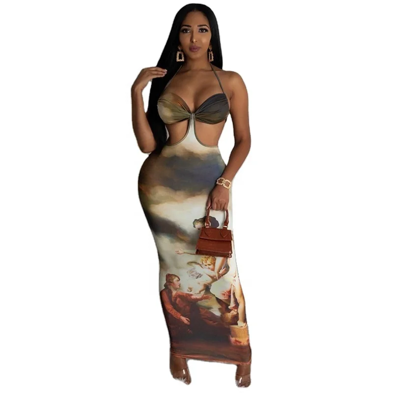 

Halter Neck Renaissance Print Woman Dresses Casual Sexy Elegant