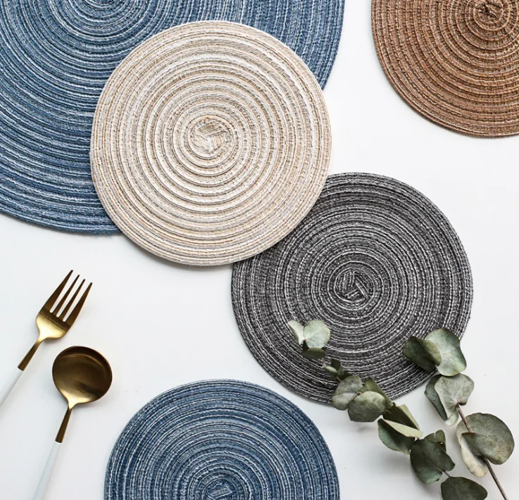 

Tabletex polypropylene Braided woven round Table placemat with pompom polyester colorful placemat eco friendly placemat