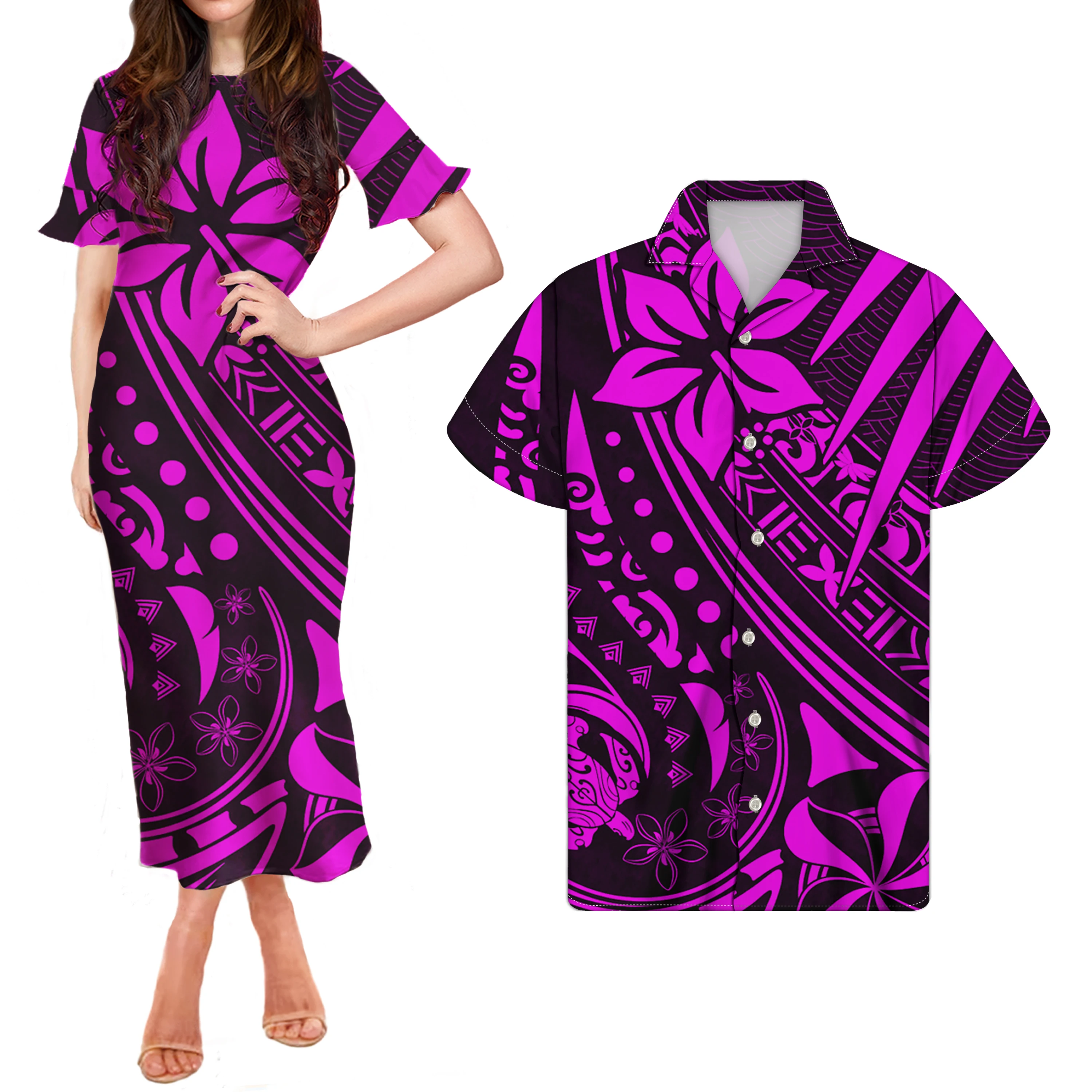 

Polynesian Hawaiian Plumeria Tribal Casual Ruffle Short Sleeve O Neck Tunic Midi Bodycon Dress Women Office Boho Long Dress Set