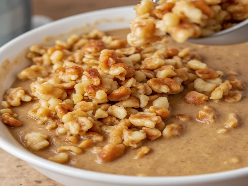 Toasted walnuts being folded into banana bread batter