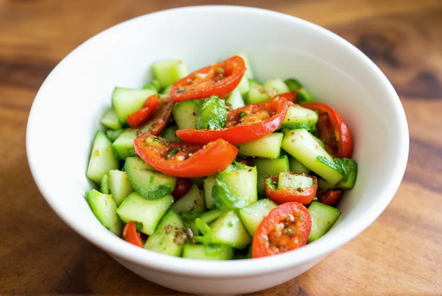 Freshly prepared cucumber chili salad with vibrant red chilies and green herbs in a white ceramic bowl
