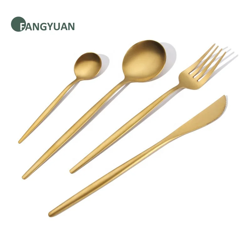 

FANGYUAN Nordic Portugal style metal rental reusable luxury high quality stainless steel gold cutlery set for wedding