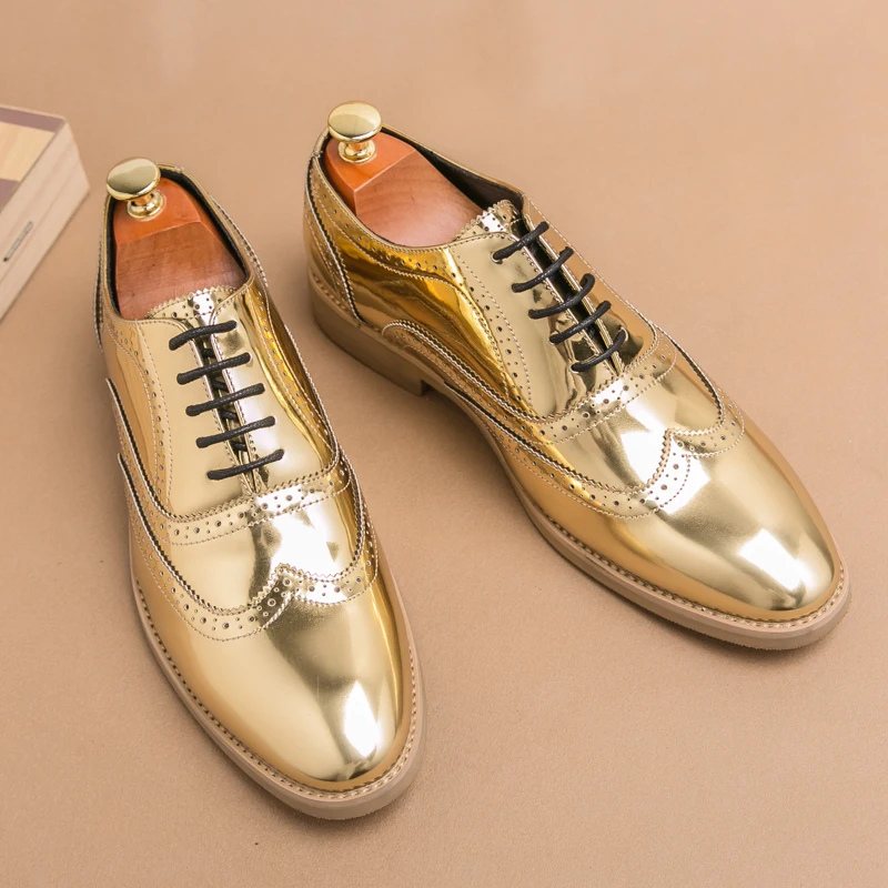 

Patent Leather Brogue Wedding Oxfords Durable Comfortable Golden Wedding Dress Shoes for Men