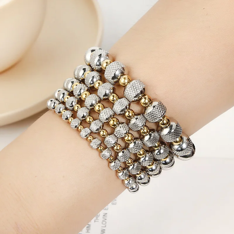 

New Metal Stainless Steel Jewelry Bracelet Couple Gift Gold Mesh ball Bicolor Elastic Bracelet