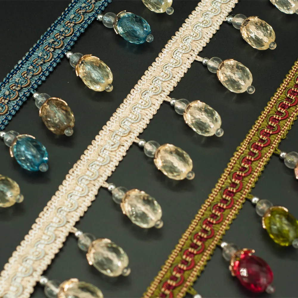 
High Quality Decorative Furniture Polyester Beaded Fringe Lace Fabric Trim 