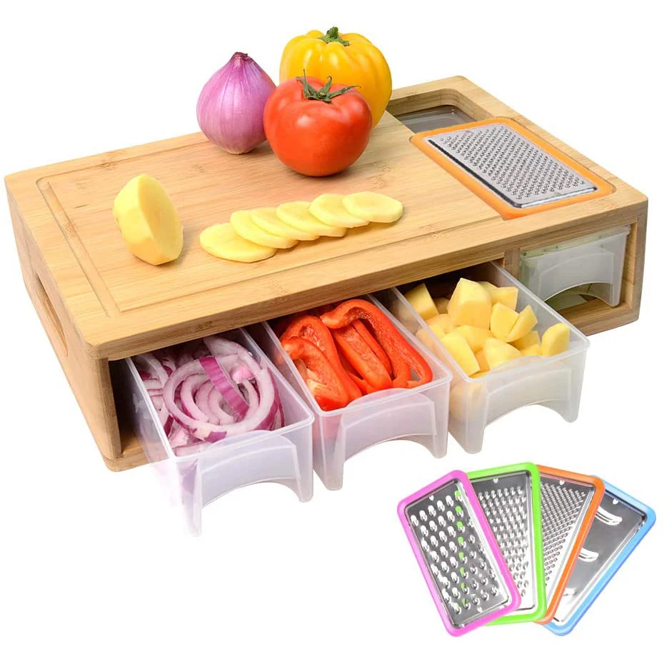 

Bamboo Cutting Board Containers lid and Graters Stackable Trays Vegetable Shredders chopping blocks, Carbonized