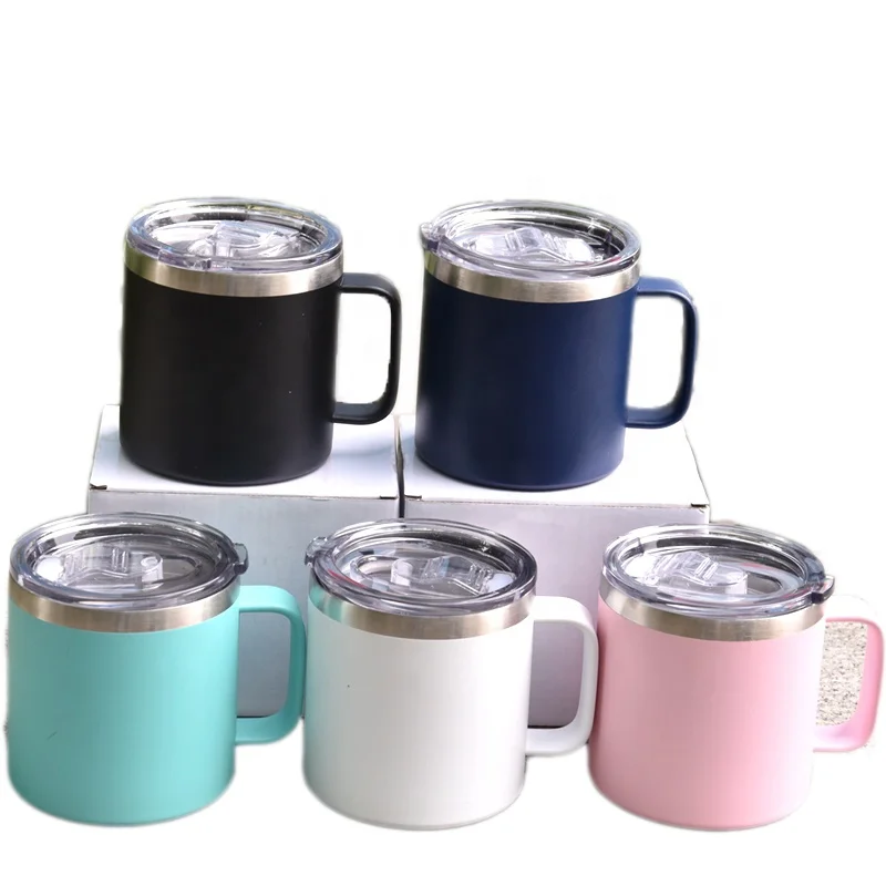 

In Stock Powder Coated Stainless Steel 14oz Double Wall Insulated Vacuum Coffee Mug Cups with Handle, Black, white, pink, aqua, and dark blue