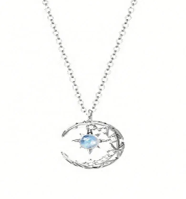 

New Hot Sale S925 Silver Crystal Moon Pendant Necklace Opal Round Charm Necklace