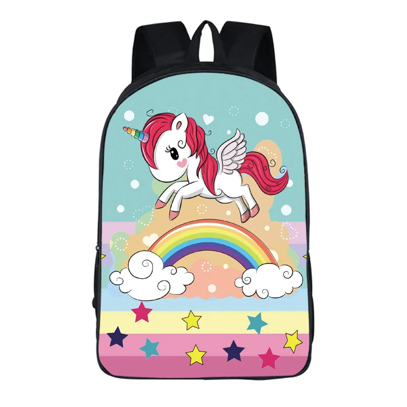 

Hot Sale Sublimation Printed Fashion Bag Unicorn Design backpack 16 Inches School Knapsack for Kids Bookbags School Bags, Black with graphic prints