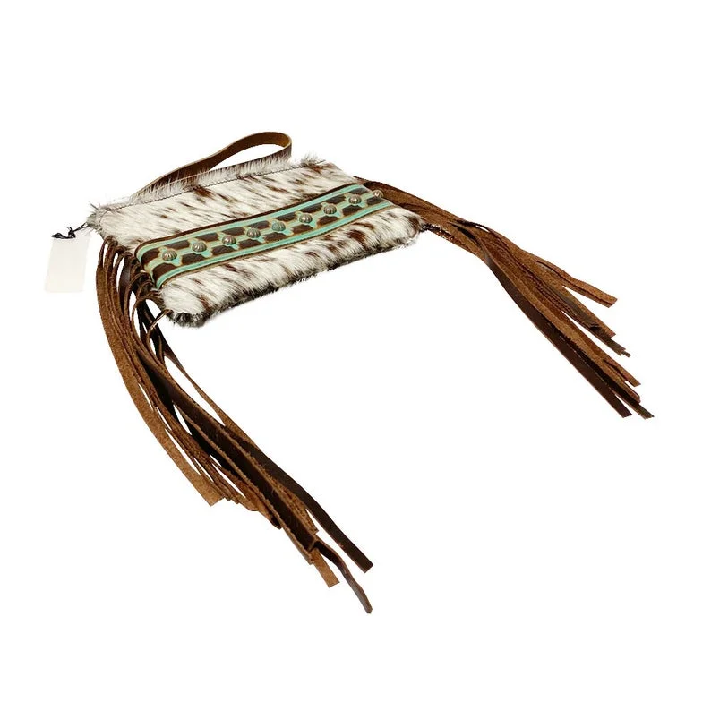 

Tooled Western Leather Cowhide Fringe Purse, As pictures