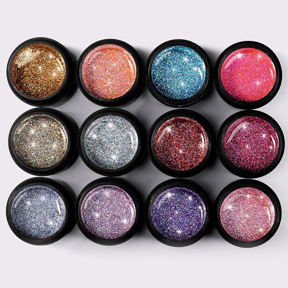 

oem private label hot sale 5ml uv/led glitter color gel nail polish shiny rainbow gel polish for nail art design, 12 colors