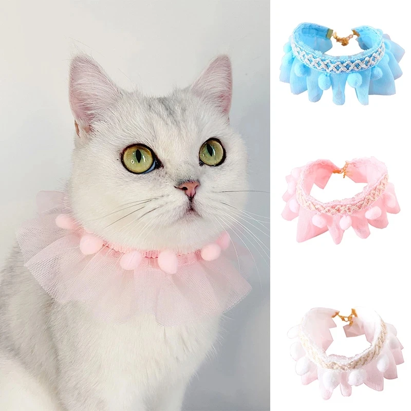 

Dog Cat Collar Sweet And Cute Lace Pet Neck Ring With Pompon Adjustable Pet Neck Strap Pet Collar, As picture