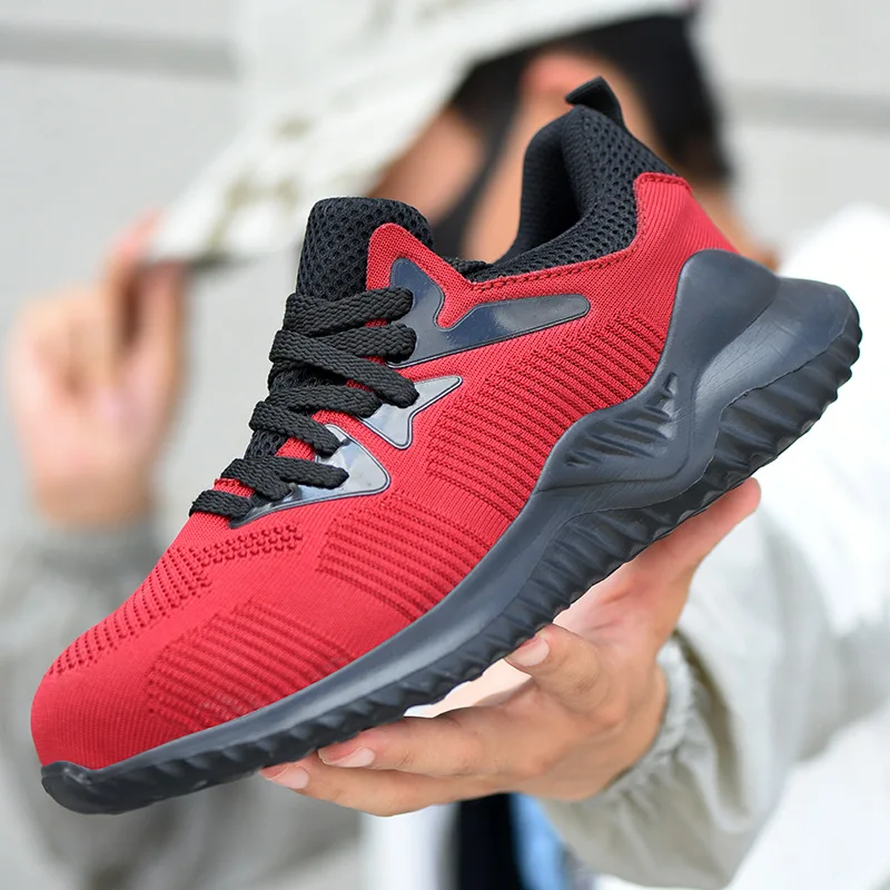 

Safety Shoes Anti Smashing Fly knit Breathable Work Safety Shoes Labor Protection Shoes, Black,red