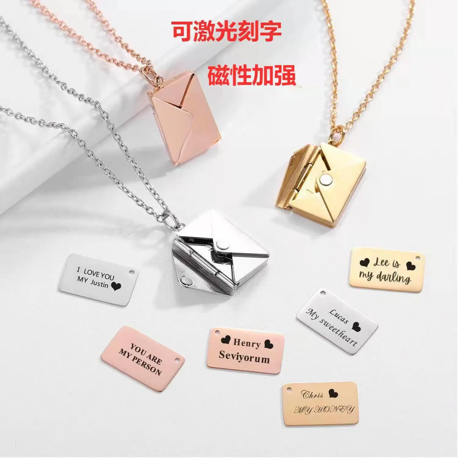 

Fashion Custom Opening Envelope Locket Pendant Necklace Gift Stainless Steel Love Customized Letter Personality Necklace Gift