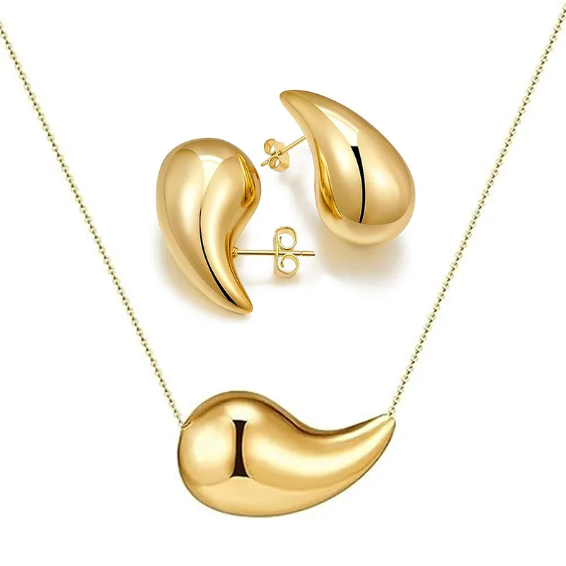 

Vintage stainless steel 18K gold plated hollow water drop pendant necklace earrings set classic for women jewelry set