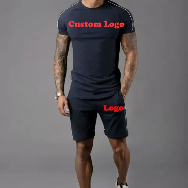 

High Quality summer custom logo men sweatsuit two piece pants shirt and male short set