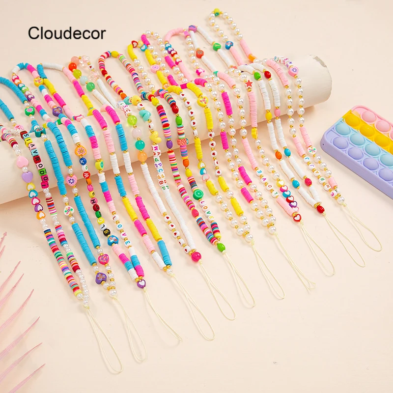 

Universal Clay Mobile Phone Accessory Straps Necklace Hanging Chain For Phone Holder Cord Boho Phone Strap Lanyard Clay Beads