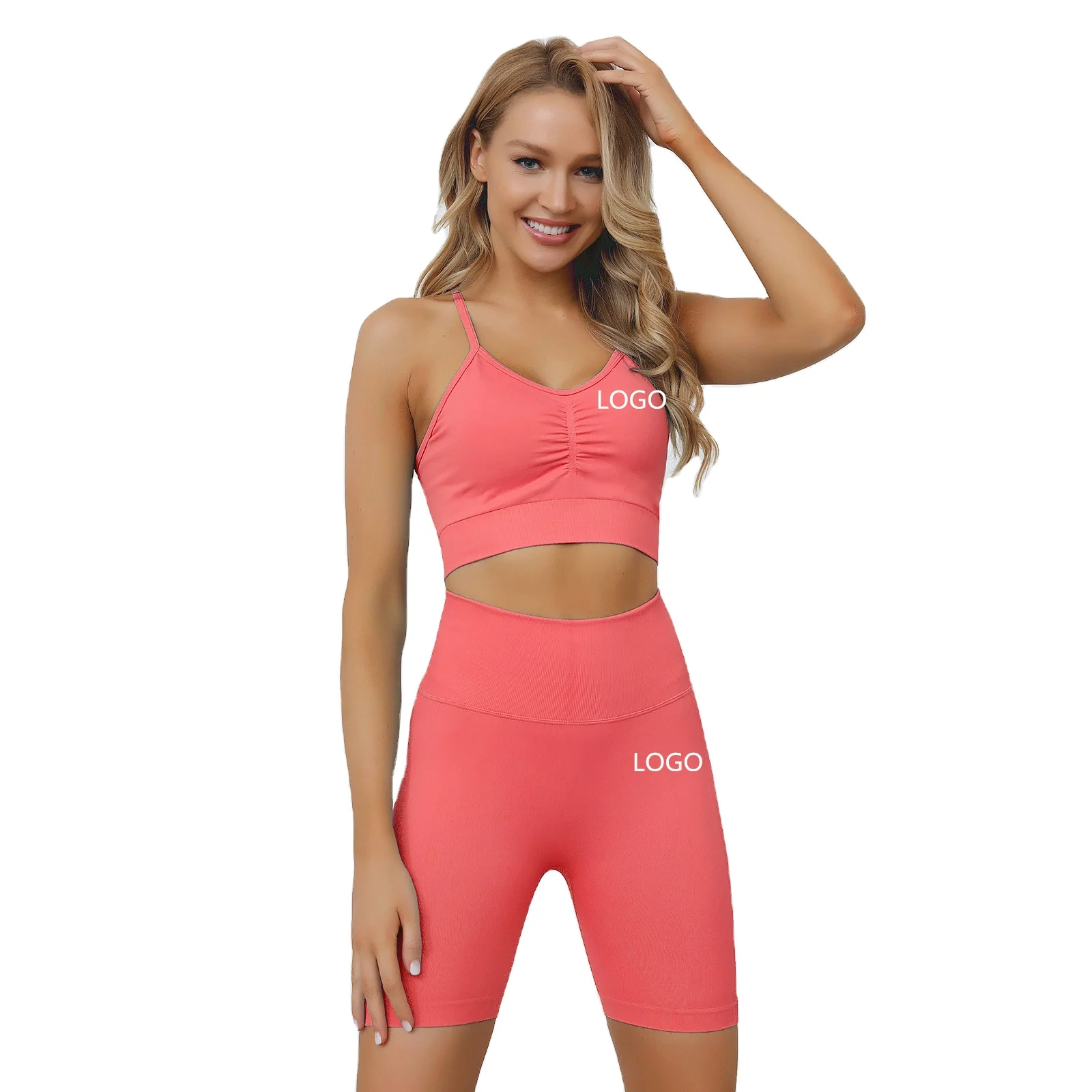 

4colors knitted seamless long yoga shorts set summer shockproof sports bra new solid color leggings set, Printed