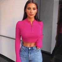 

Hot fashion sexy neon color zipper girls long sleeve crop top tshirt for women