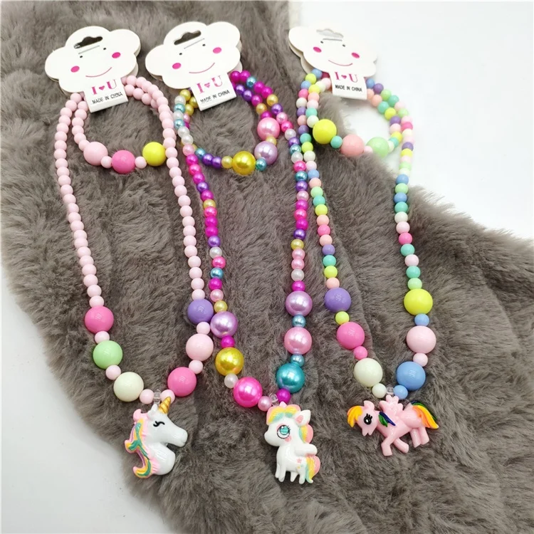 

Wholesale cute design colorful handmade bead woven unicorn shaped bracelet and necklace set for kids