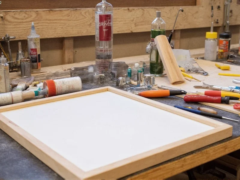 DIY canvas framing tools laid out on workbench