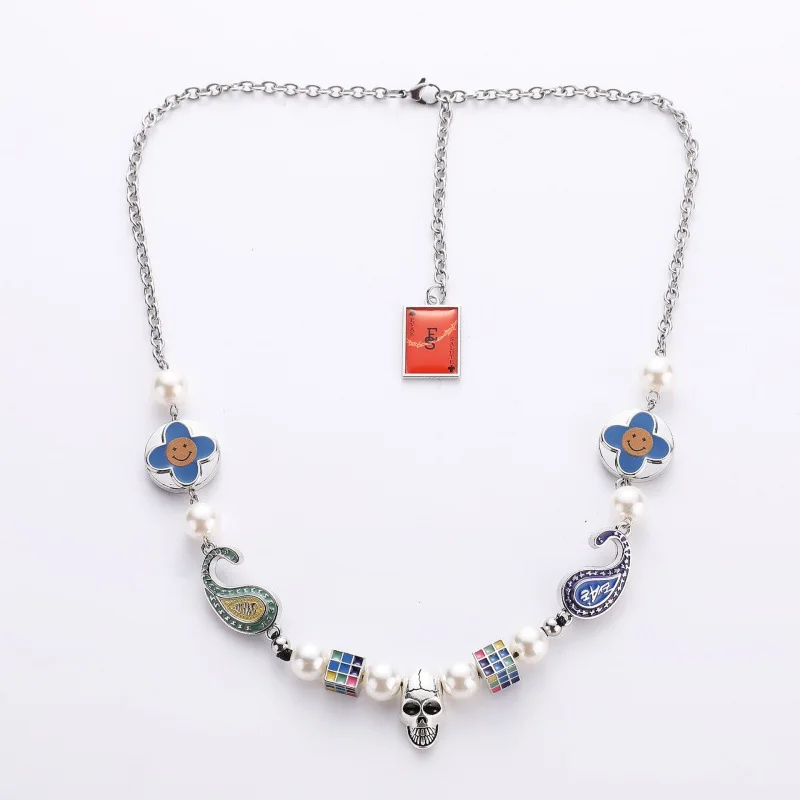 

Creative Hip Hop Dainty Colorful Cube Enamel Smile Face Pearl Skull Charm Necklace for Men Jewelry
