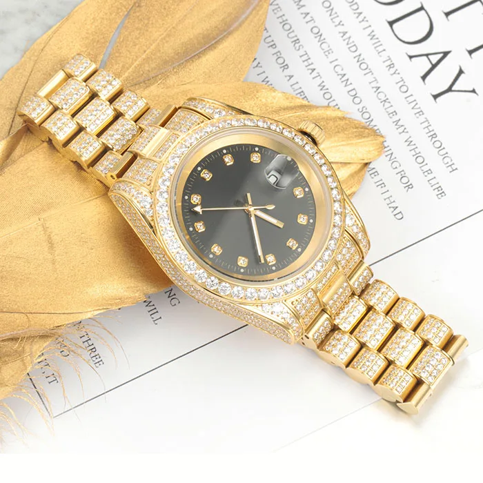 

High Quality Quartz Fashion Luxury Gold Plated Stainless Steel Mens Diamond Iced Out Custom Wrist Watch, White gold