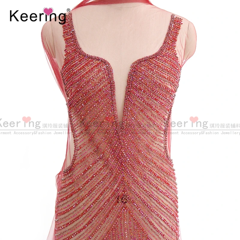 

Full body red beaded rhinestone bodice applique for dress crystal applique WDP-231