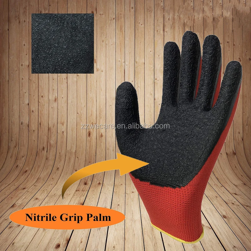 Non Slip Coating Red Nylon Knit Rubber Palm Coated Crinkle Latex Protection Safety Work Gloves