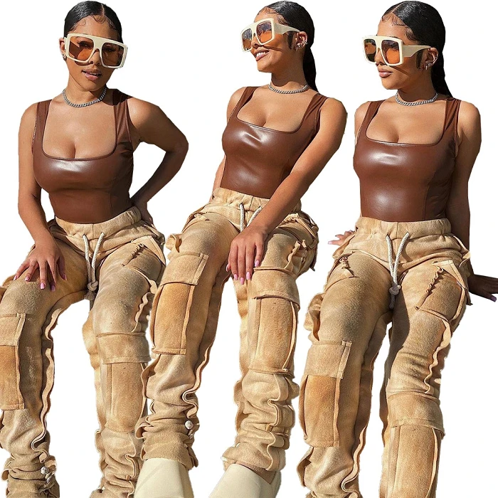 

Fashionable Multi Printed High Waist Workout Jogging Sport Sweat Pencil Cargo Pants Women Stacked Pant