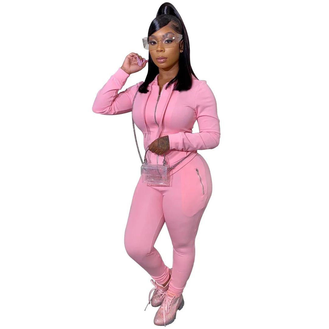 

New Design Fall Solid Color 2 Piece Custom Logo Casual Hooded Zipper Sexy Bodycon Two Piece Pant Set