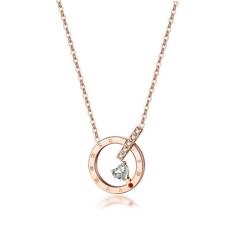 

Fashion Circle Roman Numerals Inside Crystal Heart Pendant Necklace Rose Gold Woman Titanium Steel Necklace Jewelry (SK756), As picture