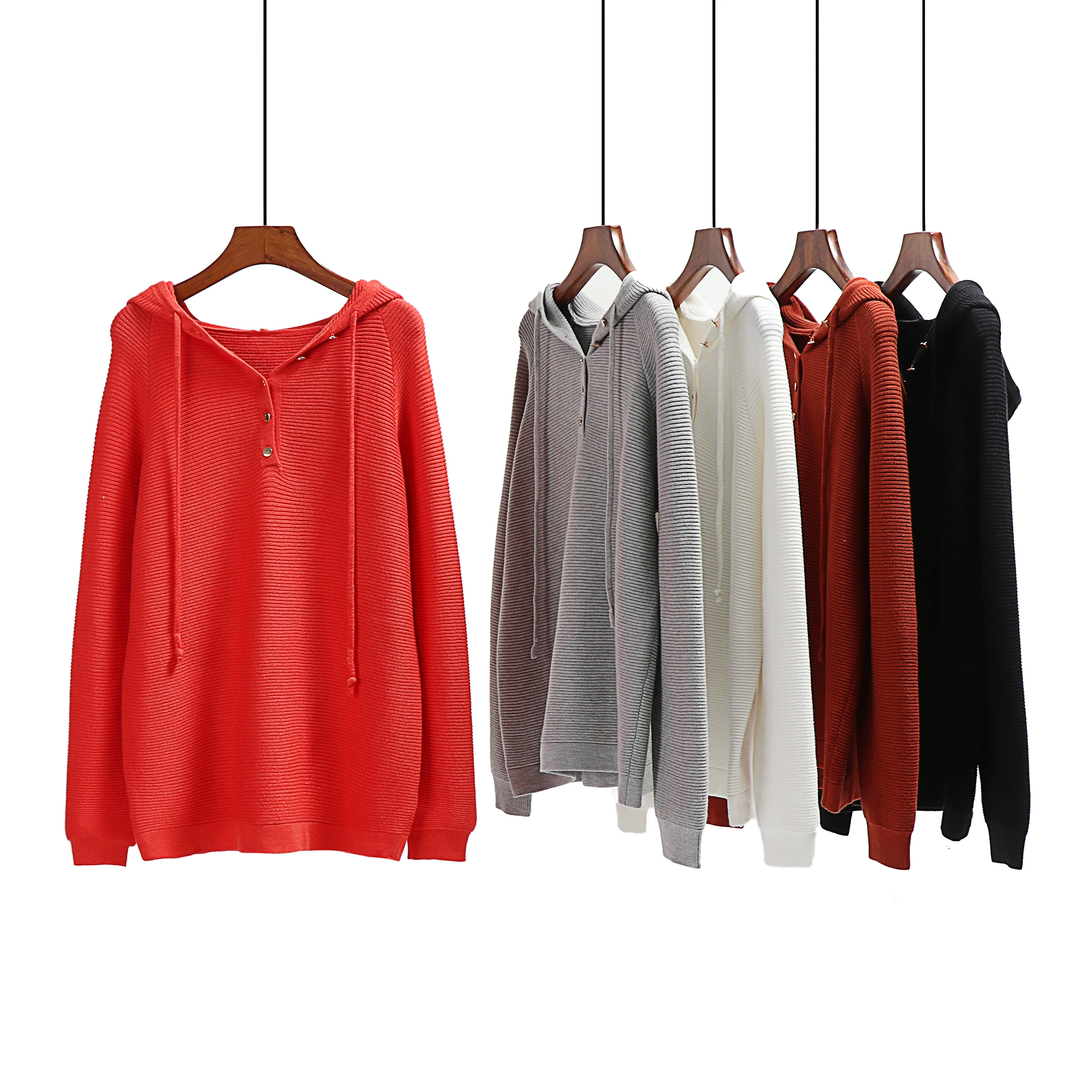 

ODM/OEM Sweater Ladies Long sleeve Hoodie Sweater Knit Pullover V-Neck Button Knitted Sweater Women