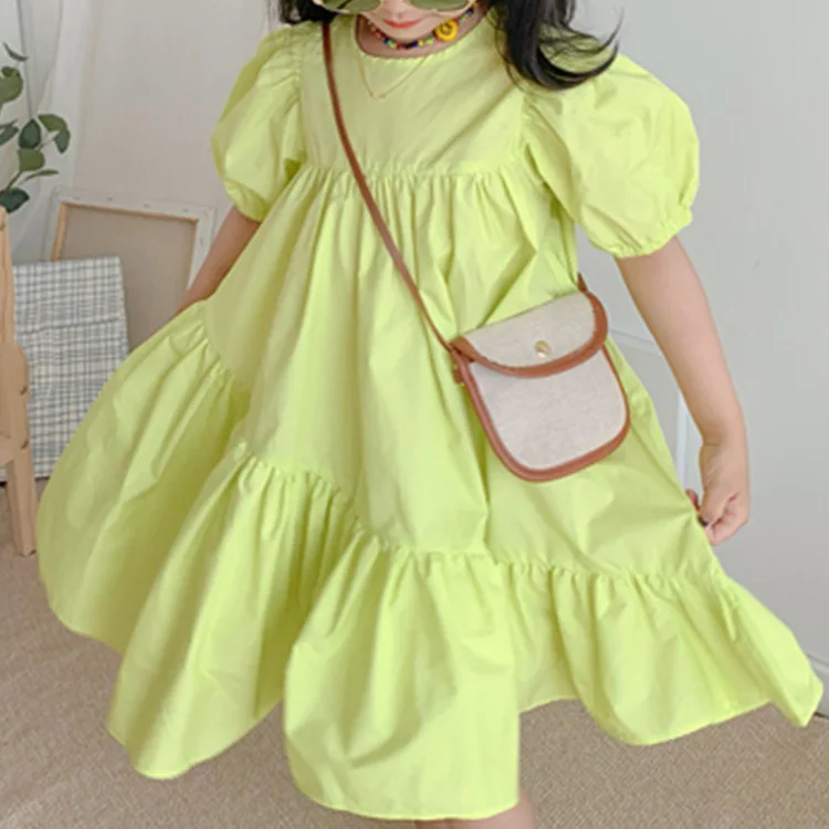 

new 2022 summer solid color dress kids cotton princess clothes baby girls puff sleeve ruffle dresses