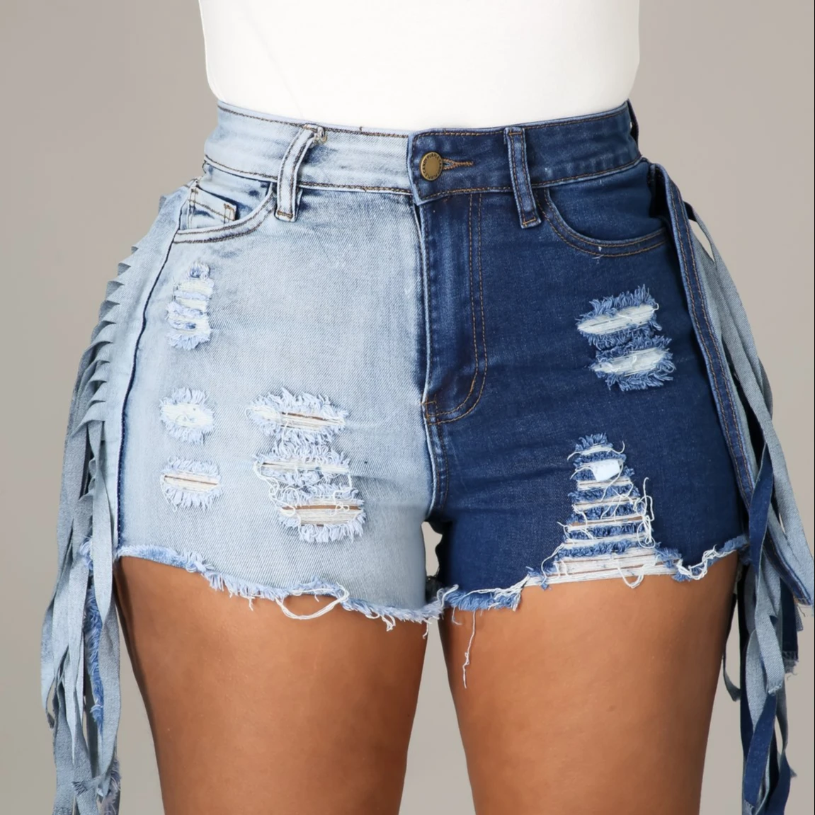 

New Product High Waist Tassel Lady Denim shorts Contrast Color With Hole Women Jeans Shorts, Picture color