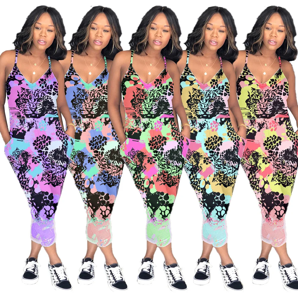 

FM-LY5829 Women's sleeveless jumpsuit cute tiger colorful pattern jumpsuits women's outfits rompers womens, As pictures