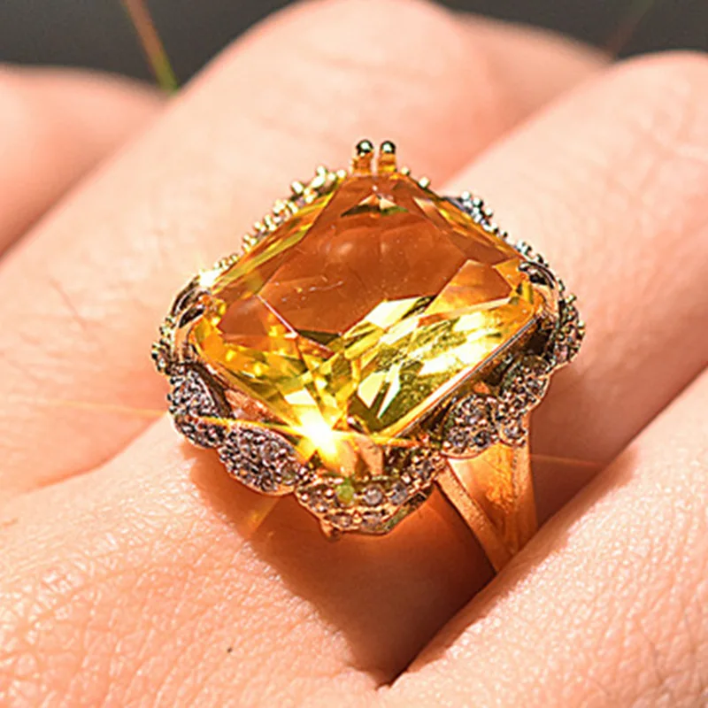 

Square Cyrstal Engagement Ring Women Champagne Big Zircon Rings For Women Vintage Jewelry Yellow Topaz Rings Gifts, As pic shown