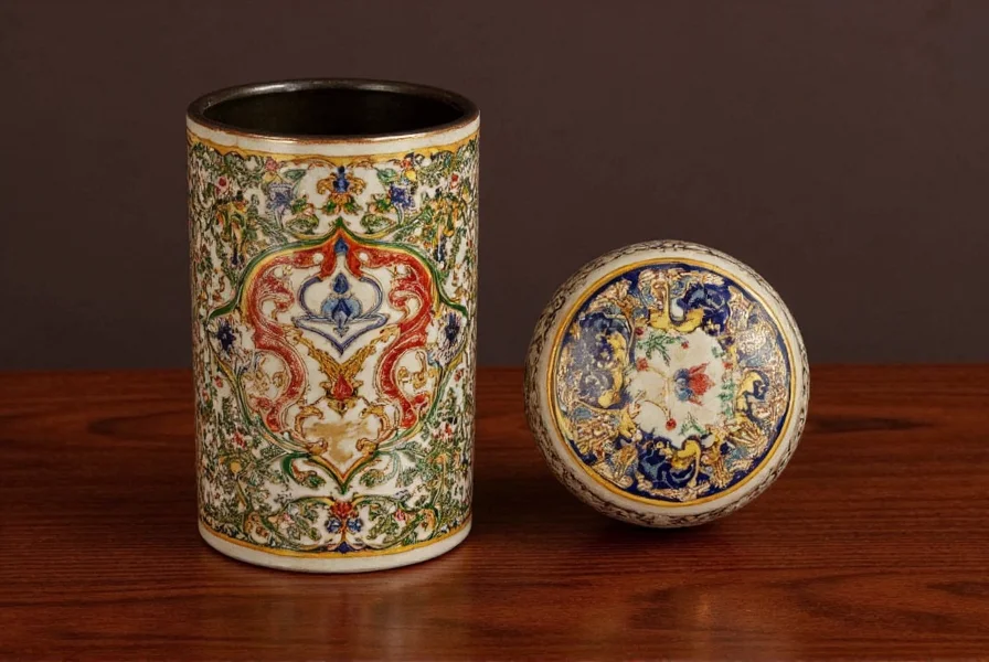 Traditional Chinese blue and white porcelain ginger jar with intricate floral patterns on a wooden table
