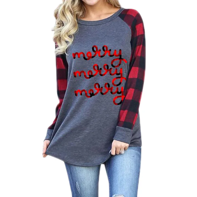 

Fashion Casual Women's T-shirt Gray Plaid Top Cotton Polyester Blouse T-shirt